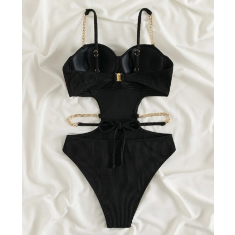 Boho black gold chain detail cutout monokini swimsuit - Picture 8 of 8